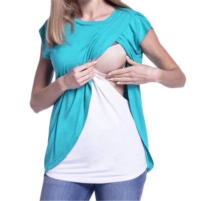 HomeLoft Basics Andongnywell Women's Tow Color Maternity Nursing T-Shirt Short Sleeve Breastfeeding Tops Nursing T-Shirt (Light Blue,Medium,)