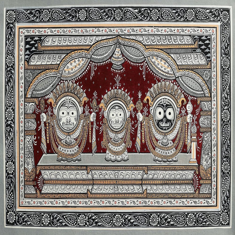 Exotic India Jagannath in Sona Vesha (Shringar) - Water Color Painting on PattiFolk Art From The Temple Town Puri