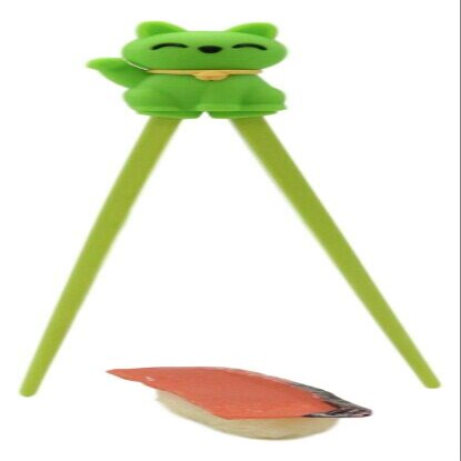 Ebros Gift Reusable Training Chopsticks Set With Animated Food Safe Silicone Helper Hinge Guide For Sushi Noodles Rice Dining Fun For All Ages (Green Maneki Neko Lucky Cat)
