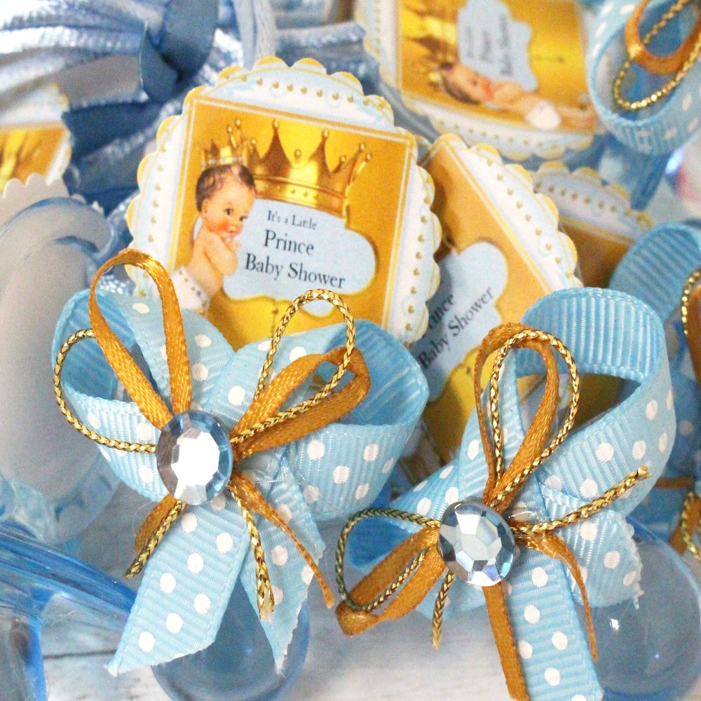 12 It's A Little Prince Blue Boy Baby Crown Garden Acrylic Pacifier Ribbon Necklaces Baby Shower Game Favors Prize Decorations