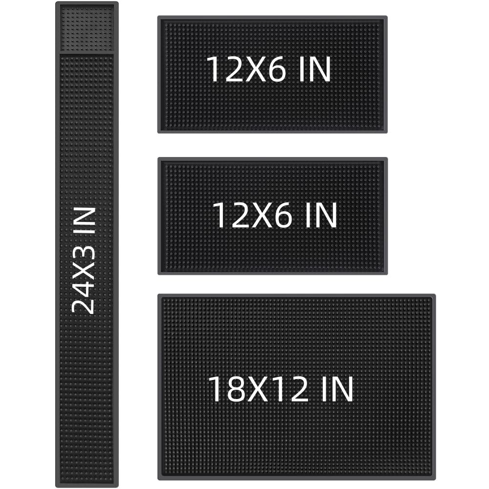Bar Mat 4Pack IMIYOKU 0.3" Thick Durable Bar Mat for Spills Service Mat for Coffee Bars Restaurants and Counter Top Dish Drying Mat Glass Drying Mat (Black 1PC/18" x 12" +1PCS/23" x 3" +2PC/12" x 6")