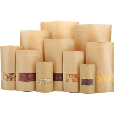 TYONMUJO 100pcs Kraft Bags with Window Zipper Lock Stand Up Bulk Pouches Resealable 6.28.6in