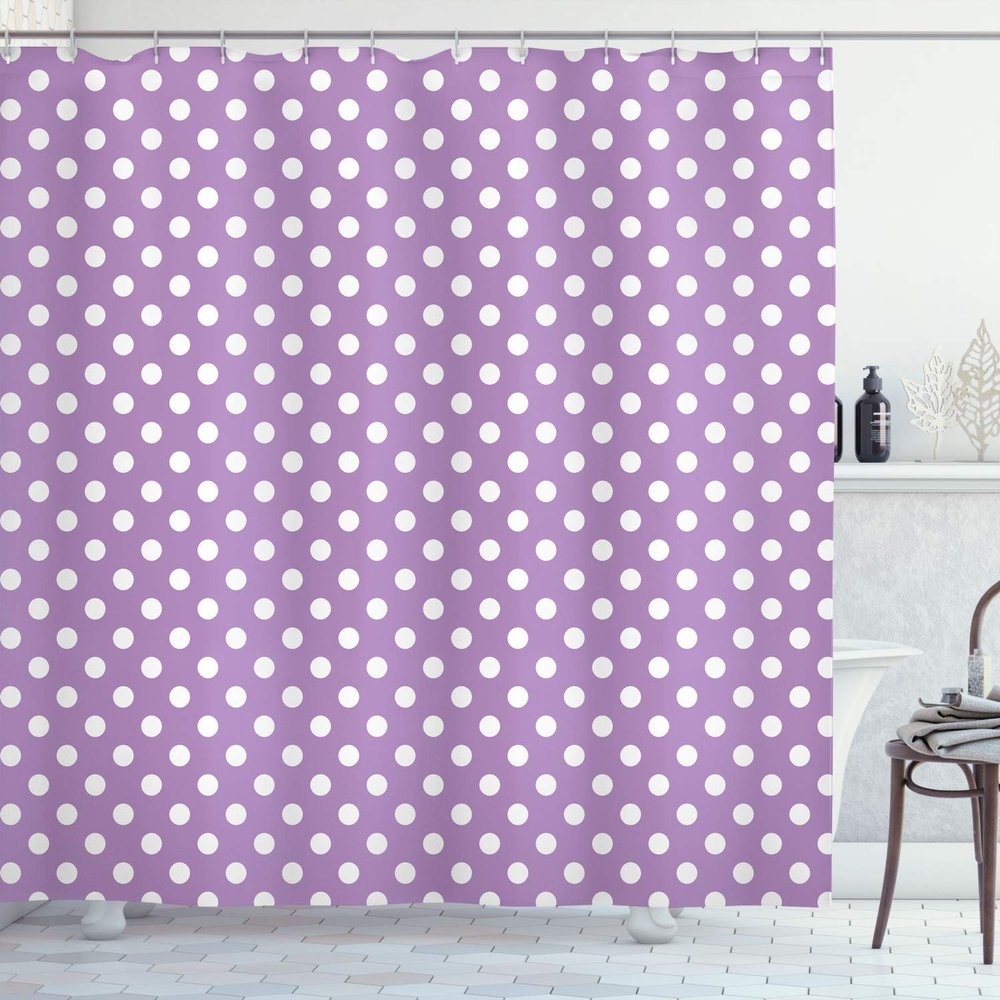 Ambesonne Abstract Shower Curtain, Picnic Inspired 50s 60s 70s Themed Polka Dot Retro Spotted Pattern Print, Cloth Fabric Bathroom Decor Set with Hooks, 69" W x 84" L, Lavender White