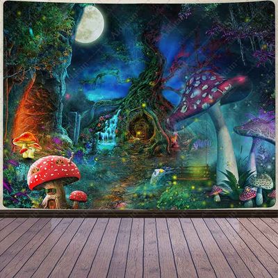 Aidatain Fantasy Mushroom Forest Tapestry for Teen Girl Magical Tree of Life House Full Moon Wall Hanging Fairy Tale World Tapestries Flannel Large Size 80" 60" Wall Decor Bedroom Living Room GTCCAT1