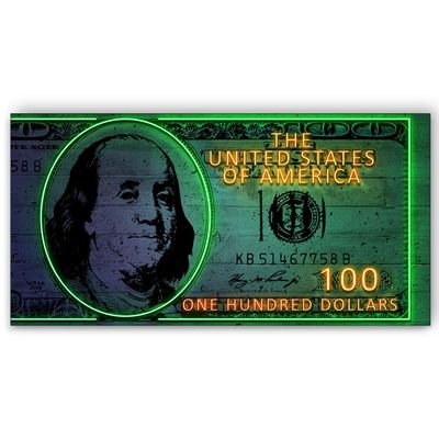 100 Dollars Bill Neon Sign Motivational Canvas Print Wall Art Office Decor, Entrepreneur Motivation, Money Artwork, Benjamin Franklin Neon Print, Money Bill Neon Sign (10" x 20")