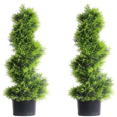 35inch Spiral Topiary Tree, 2 Pack Artificial Ceder Outdoor Plants, Boxwood Topiary Trees Fake Greenery for Front Porch Home Decor