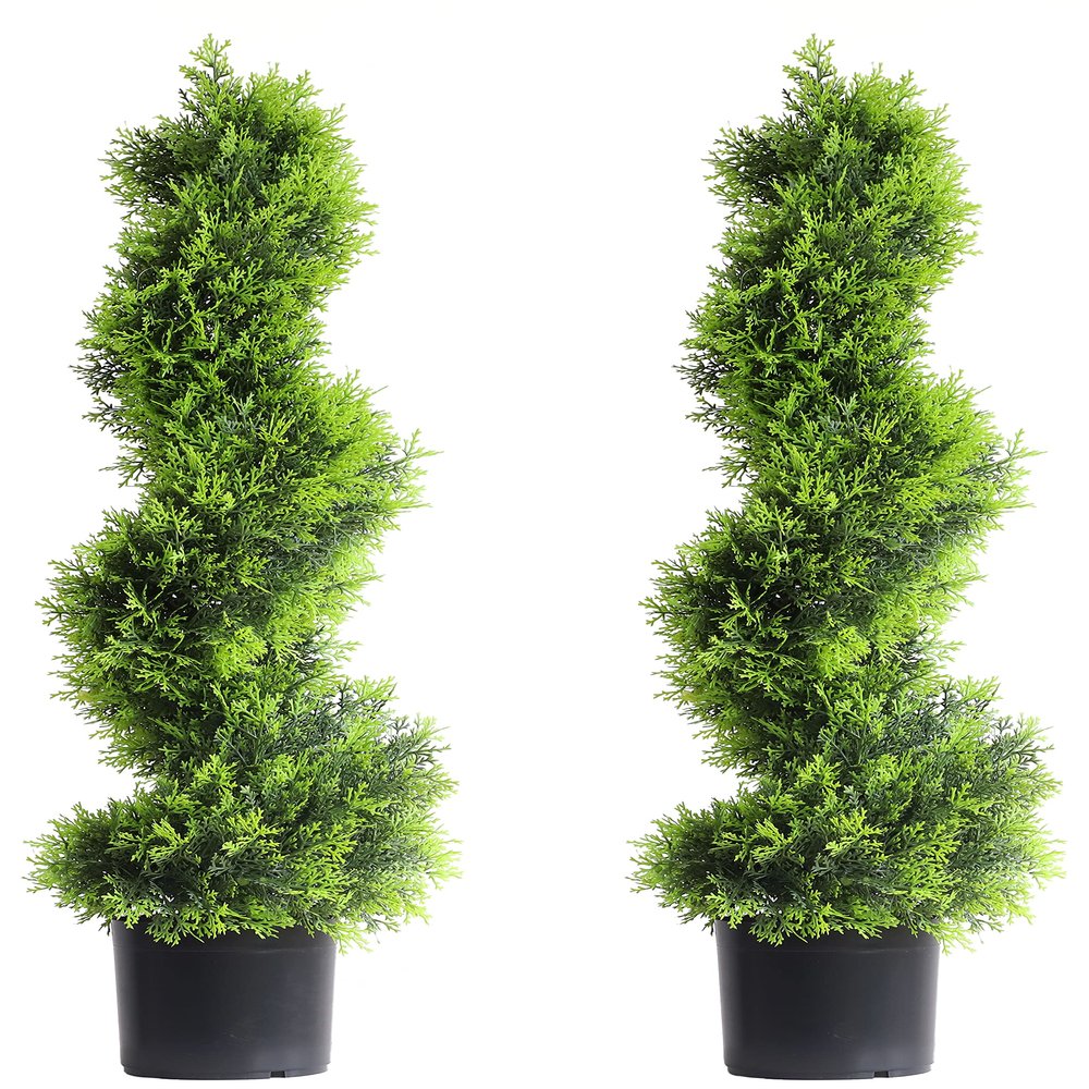35inch Spiral Topiary Tree, 2 Pack Artificial Ceder Outdoor Plants, Boxwood Topiary Trees Fake Greenery for Front Porch Home Decor
