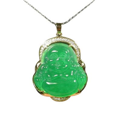 Gojade Gold Plate Green JADE Pendant Buddha God Necklace Diamond Imitation 100013, 38mm X 32 mm X 8 mm, Yellow,Green