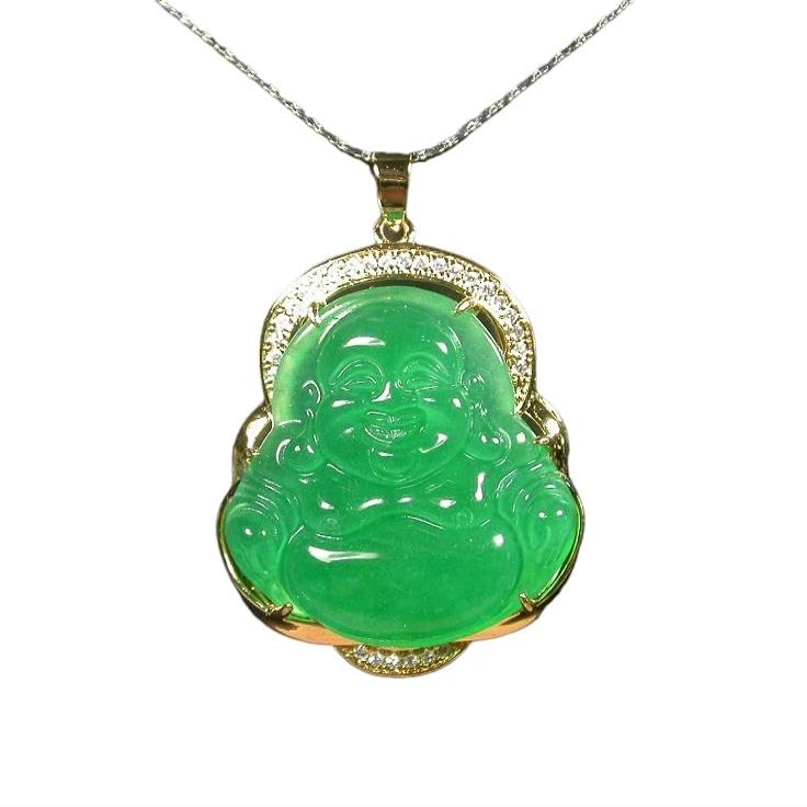 Gojade Gold Plate Green JADE Pendant Buddha God Necklace Diamond Imitation 100013, 38mm X 32 mm X 8 mm, Yellow,Green