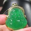 Gojade Gold Plate Green JADE Pendant Buddha God Necklace Diamond Imitation 100013, 38mm X 32 mm X 8 mm, Yellow,Green view 2