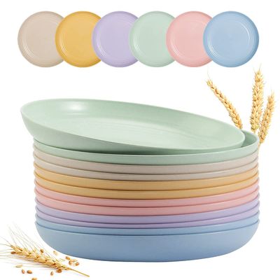12 PACK 9 Inch Lightweight Wheat Straw Plates, Unbreakable Deep Kids Pates, Plastic Plates Reusable, Dinnerware Sets Gifts, Microwave & Dishwasher Safe, Camping Kitchen Party Use, BPA Free,6 Colors