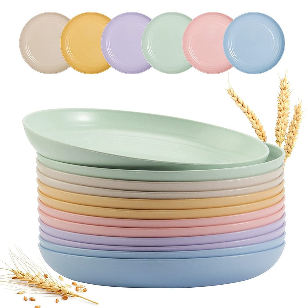 12 PACK 9 Inch Lightweight Wheat Straw Plates, Unbreakable Deep Kids Pates, Plastic Plates Reusable, Dinnerware Sets Gifts, Microwave & Dishwasher Safe, Camping Kitchen Party Use, BPA Free,6 Colors