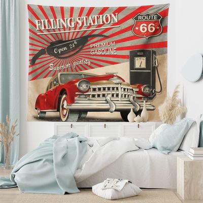 Ambesonne Cars Tapestry, Poster Style Image Gasoline Station Commercial Element Route 66 IllustrationPrint, Wide Wall Hanging for Bedroom Living Room Dorm, 80" X 60", Vermilion Beige