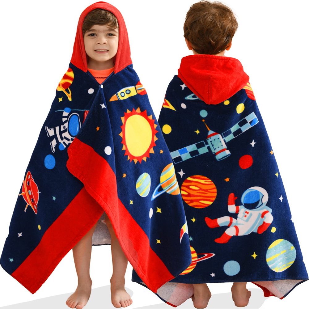 VOOVA & MOVAS Kids Hooded Towels Age 3-8, 30''X50,Soft | Thick | Absorbent Cotton Beach, Bath, Pool Towel | Wrap, Oversized for Boys Girls | Space Theme