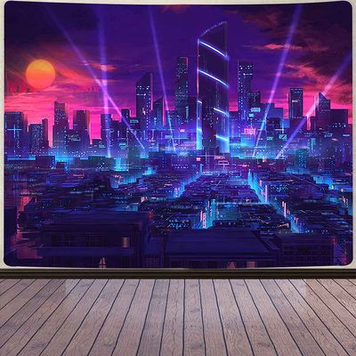 Aidatain Punk Cityscape Neon Street Scene Game Scene Tapestry Japanese Anime Flannel Large Size 80x60 Inches Tapestry for Bedroom Living Room GTHHAT78
