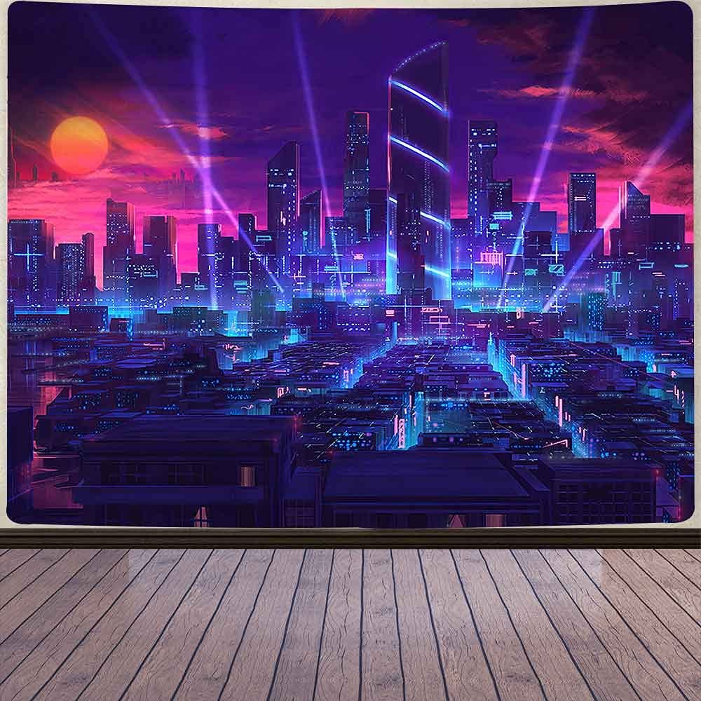 Aidatain Punk Cityscape Neon Street Scene Game Scene Tapestry Japanese Anime Flannel Large Size 80x60 Inches Tapestry for Bedroom Living Room GTHHAT78