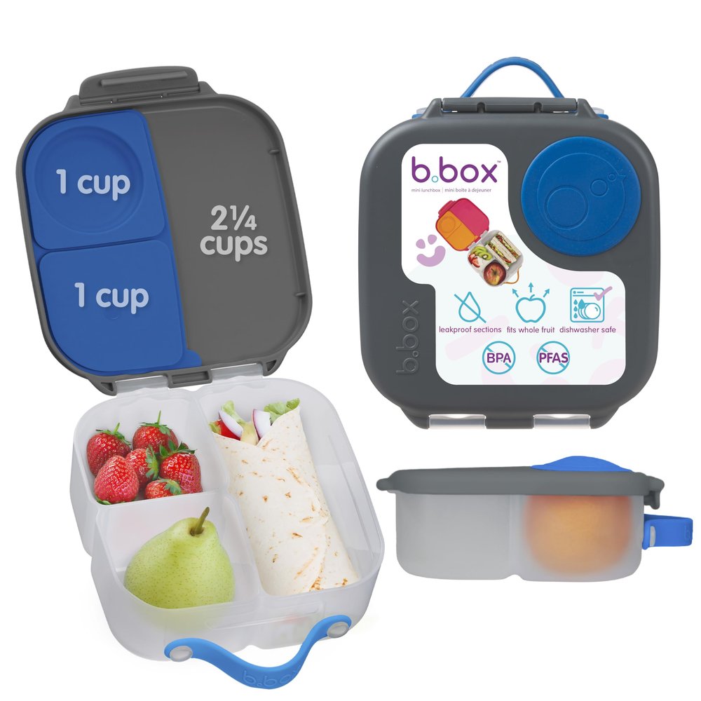 b.box Mini Lunch Box Kids | 4.25 Cup Leak Proof Bento Box for Kids Ages 3+ | 3 Compartment Snack Containers, School Lunch Container, Dishwasher Safe, BPA-Free, PFAS-Free - Blue Slate