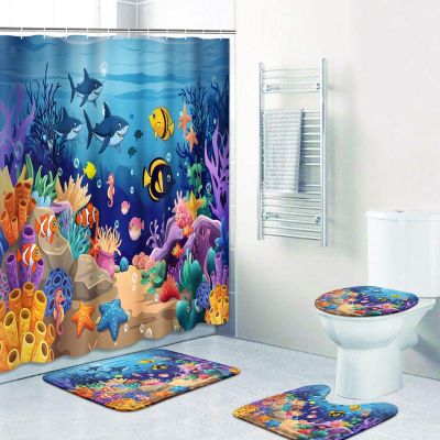 Britimes 4 Piece Shower Curtain Sets, Blue Ocean Fish with Non-Slip Rugs, Toilet Lid Cover and Bath Mat, for Bathroom Decor Set, 72" x 72"