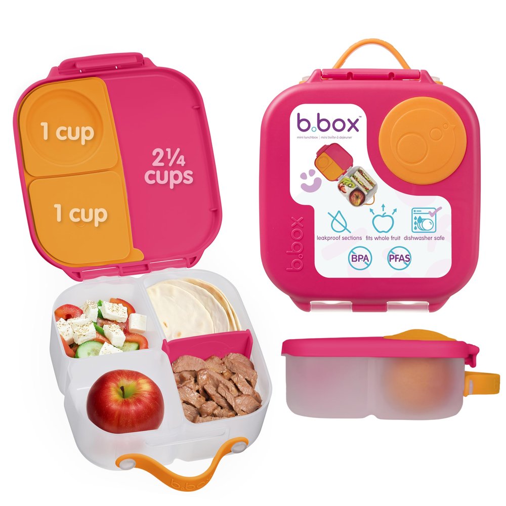 b.box Mini Lunch Box Kids | 4.25 Cup Leak Proof Bento Box for Kids Ages 3+ | 3 Compartment Snack Containers, School Lunch Container, Dishwasher Safe, BPA-Free, PFAS-Free - Strawberry Shake
