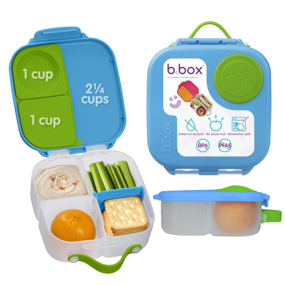 b.box Mini Lunch Box Kids | 4.25 Cup Leak Proof Bento Box for Kids Ages 3+ | 3 Compartment Snack Containers, School Lunch Container, Dishwasher Safe, BPA-Free, PFAS-Free - Ocean Breeze
