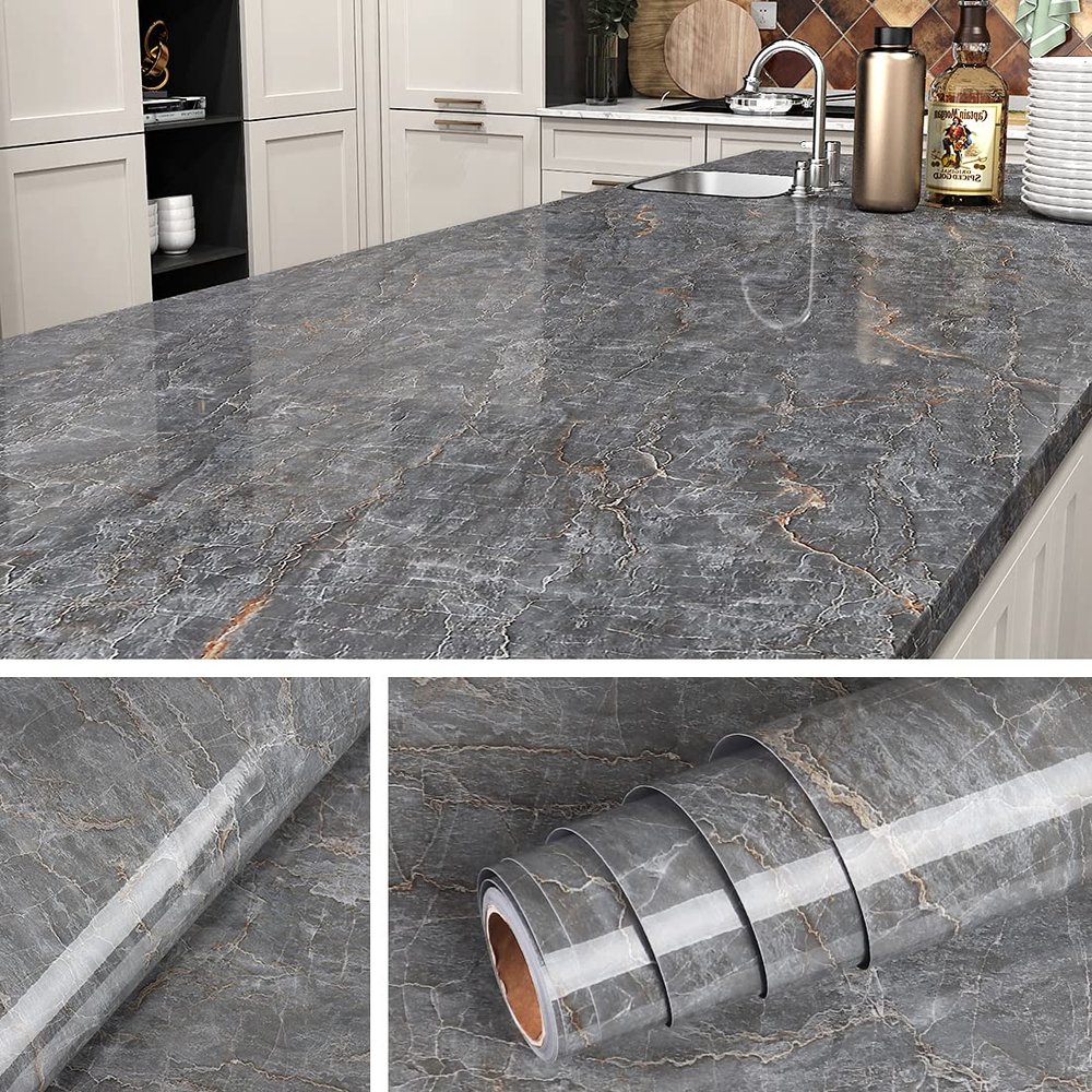 Livelynine 36 X 197 Inch Wide Dark Grey Marble Contact Paper Waterproof Peel and Stick Countertops Marble Wallpaper Kitchen Countertop Vinyl Wrap Marble Countertop Peel & Stick Table Top Dresser Cover