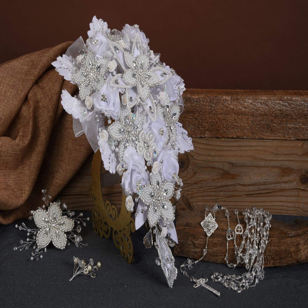 A&C Quinceaeras and more Wedding Bouquet Wedding Lasso Wedding Hair Piece 3505 (White)