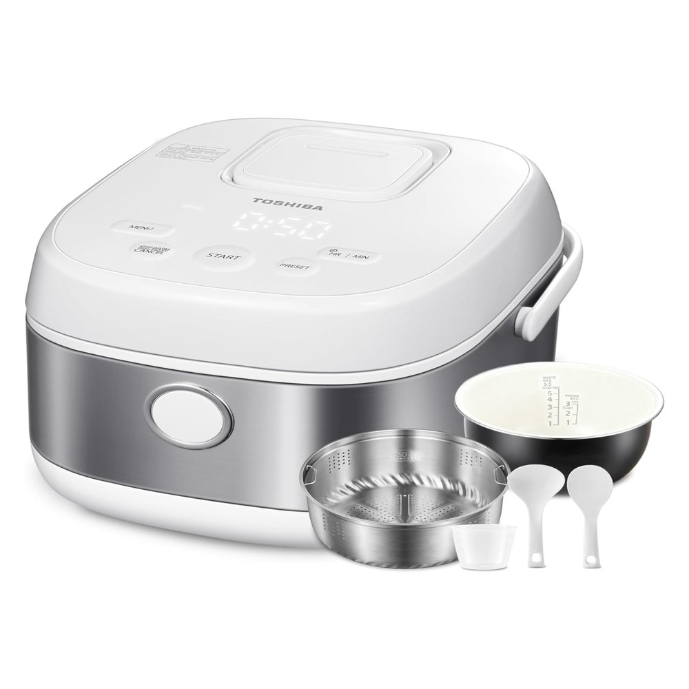 TOSHIBA Induction Heating Rice Cooker - Low Carb, Low Sugar, Digital Steamer, 5.5 Cups (Uncooked), 8 Cooking Functions, 24H Timer & Auto Keep Warm, Silvery white