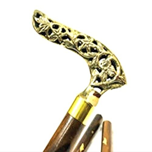 Vimal Nautical Golden & Brown Wooden Walking Stick Cane with Brass Handle 36 to 37" INCH Approx