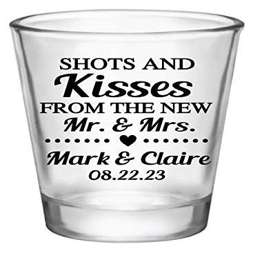 Personalized wedding favors, wedding shot glasses, shots and kisses from the new Mr. and Mrs,. wedding shot glasses in bulk