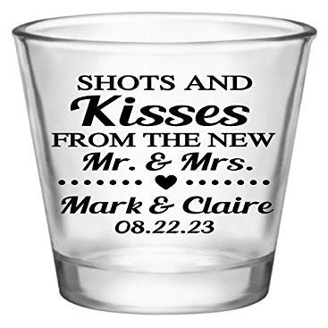 Personalized wedding favors, wedding shot glasses, shots and kisses from the new Mr. and Mrs,. wedding shot glasses in bulk