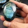 MOKACRYSTAL 90g-110g Natural Raw Rock Flashy Blue Fire Labradorite Crystal Polished Palm Stone 1pc view 2