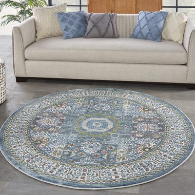 Nourison Global Vintage Geometric Ivory Light Blue 6' x Round Area Rug, Easy Cleaning, Non Shedding, Bed Room, Living Room, Dining Room, Kitchen (6 Round)