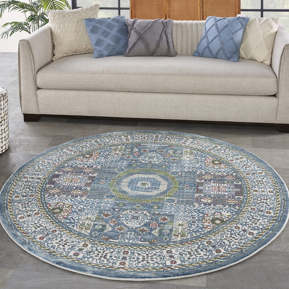 Nourison Global Vintage Geometric Ivory Light Blue 6' x Round Area Rug, Easy Cleaning, Non Shedding, Bed Room, Living Room, Dining Room, Kitchen (6 Round)