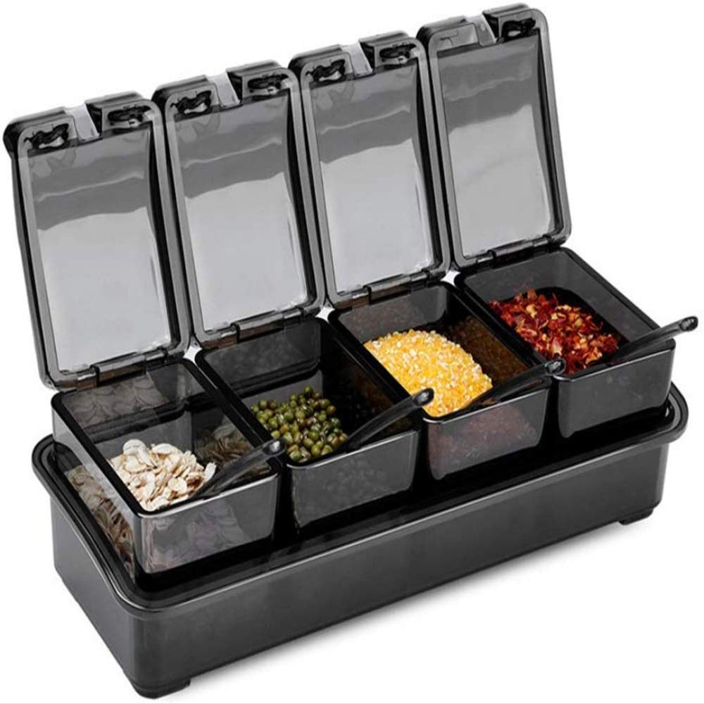 kitchen Black Acrylic Spice Container Kitchen Seasoning Box Salt Shaker Spice Jar with 4 Spoons