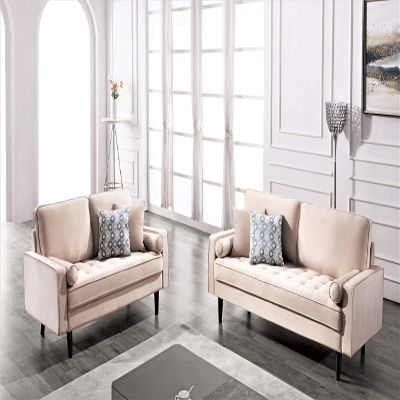 Container Furniture Direct Womble Modern Velvet Upholstered Living Room Diamond Tufted Chesterfield with Gleaming Nailheads, Loveseat, Sofa, Biscuit