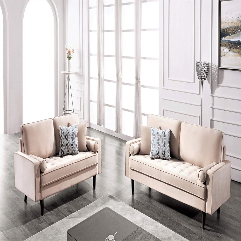 Container Furniture Direct Womble Modern Velvet Upholstered Living Room Diamond Tufted Chesterfield with Gleaming Nailheads, Loveseat, Sofa, Biscuit