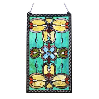 Benjara CH1P229TV26-GPN Jenice Tiffany-Style Victorian Stained-Glass Window Panel 26" Height, Teal