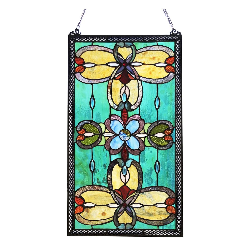 Benjara CH1P229TV26-GPN Jenice Tiffany-Style Victorian Stained-Glass Window Panel 26" Height, Teal