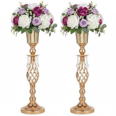 2pcs of Elegant Metal Gold Vases: Beaded Crystal Trumpet Vases, Elegant Floral Table Centerpieces for Weddings Birthdays Anniversaries Holiday Parties Other Event Celebrations(23.2")