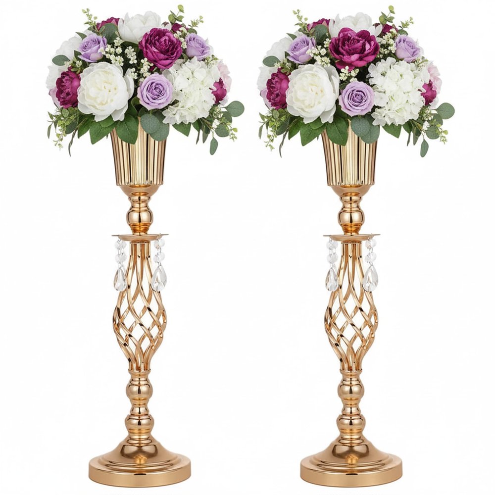 2pcs of Elegant Metal Gold Vases: Beaded Crystal Trumpet Vases, Elegant Floral Table Centerpieces for Weddings Birthdays Anniversaries Holiday Parties Other Event Celebrations(23.2")