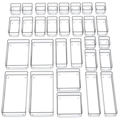 SMARTAKE 30-Piece Drawer Organizer with Non-Slip Silicone Pads, 7-Size Desk Drawer Organizer Trays Storage Tray for Makeup, Jewelries, Utensils in Bedroom Dresser, Office and Kitchen (Clear)