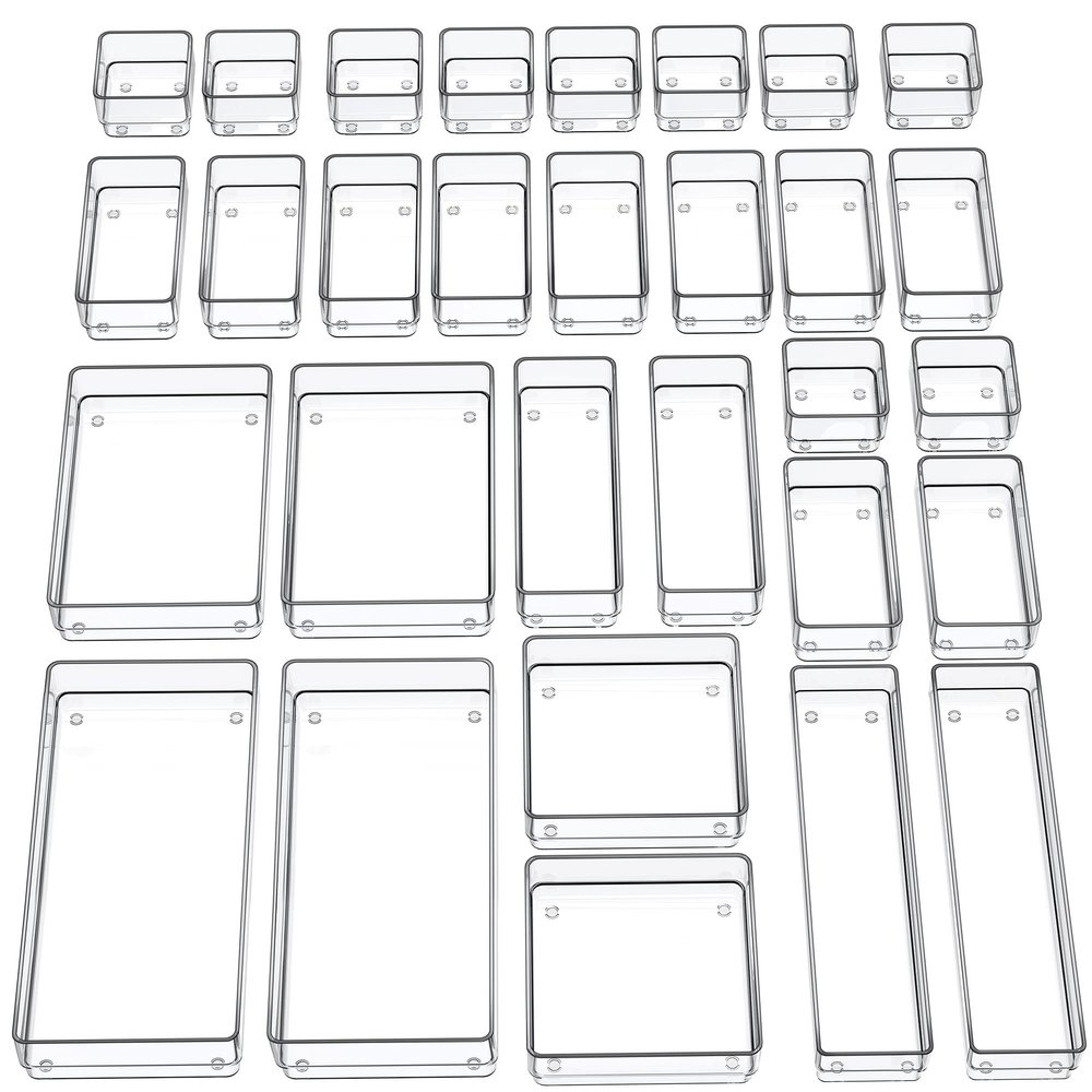 SMARTAKE 30-Piece Drawer Organizer with Non-Slip Silicone Pads, 7-Size Desk Drawer Organizer Trays Storage Tray for Makeup, Jewelries, Utensils in Bedroom Dresser, Office and Kitchen (Clear)