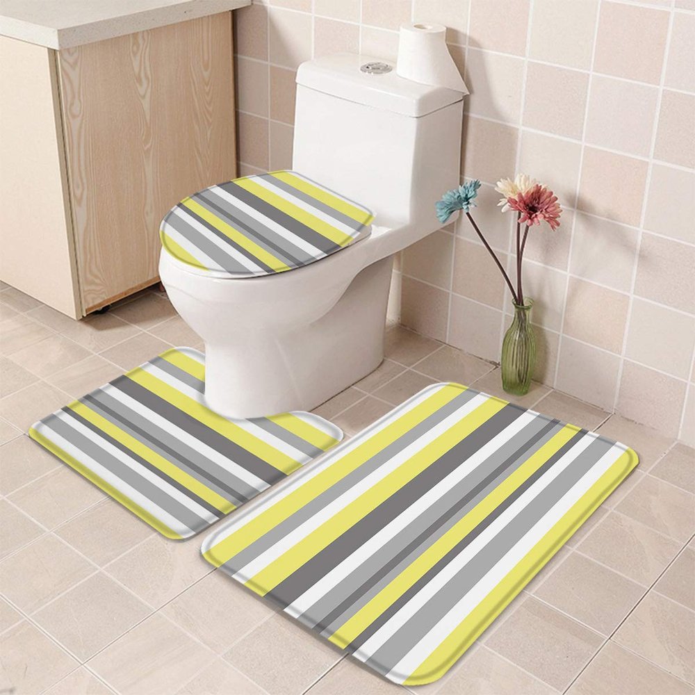 3 Pieces Bathroom Rugs and Mats Sets Yellow Gray Stripe,Non Slip Water Absorbent Bath Rug, Toilet Seat/Lid Cover, U-Shaped Toilet Mat, Home Decor Doormats,Striped Art