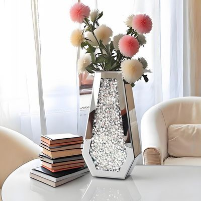 ALLARTONLY Flower Vase Crushed Diamond Mirrored Vase Crystal Silver Glass Decorative Mirror Vase Large Size Luxury For Home Decor. Diamond Shape Thickened. Cant Hold Water.