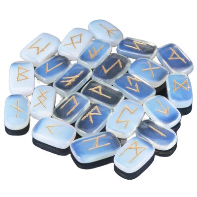 Crocon rectangle shape gemstone runes with Elder Futhark Alphabet Engraved |25 pcs rune set |Crystal Divination Healing Chakra Reiki set| with a pouch|Size: 20-25mm (Opalite rune)