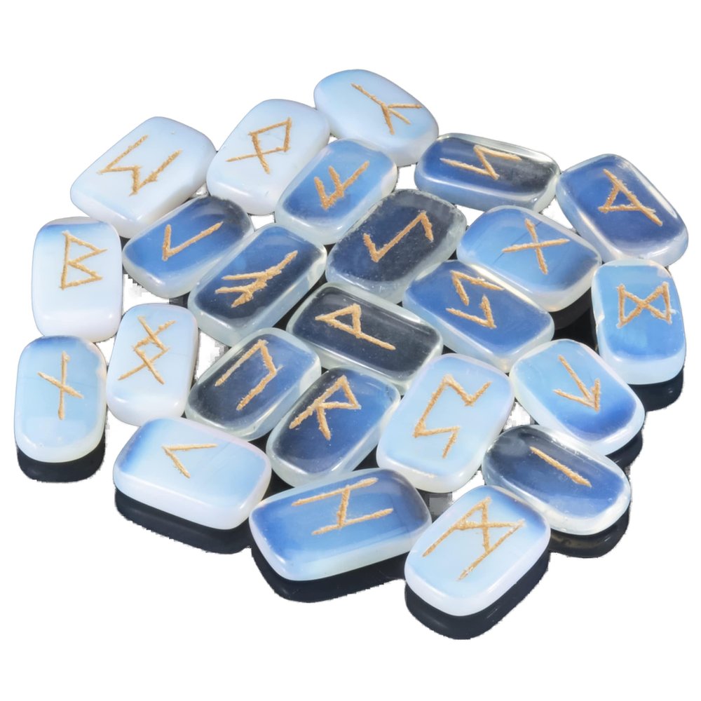 Crocon rectangle shape gemstone runes with Elder Futhark Alphabet Engraved |25 pcs rune set |Crystal Divination Healing Chakra Reiki set| with a pouch|Size: 20-25mm (Opalite rune)