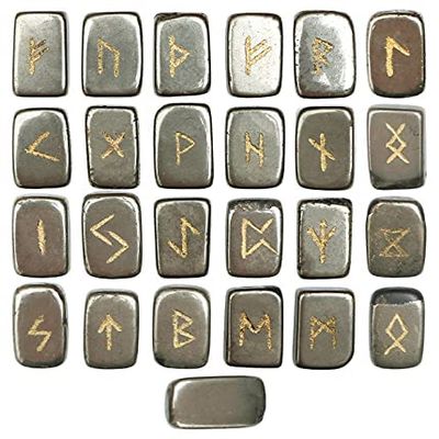 Crocon Golden Pyrite Rectangle Shape Gemstone Runes with Elder Futhark Alphabet Engraved 25 pcs Rune Set Crystal Divination Healing Chakra Reiki Runes Set with a Pouch Size : 20-25mm