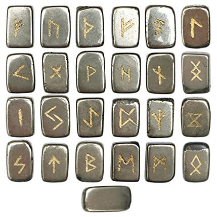 Crocon Golden Pyrite Rectangle Shape Gemstone Runes with Elder Futhark Alphabet Engraved 25 pcs Rune Set Crystal Divination Healing Chakra Reiki Runes Set with a Pouch Size : 20-25mm