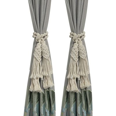 2Pcs Curtain Tiebacks Ropes Tassel Holdbacks Handmade Cotton Rope Window Curtain Buckle Clip Holder Boho Macrame Drapery Tie-Backs Ropes Decorative Rope Curtains Ties for Home Office Dorm Patio