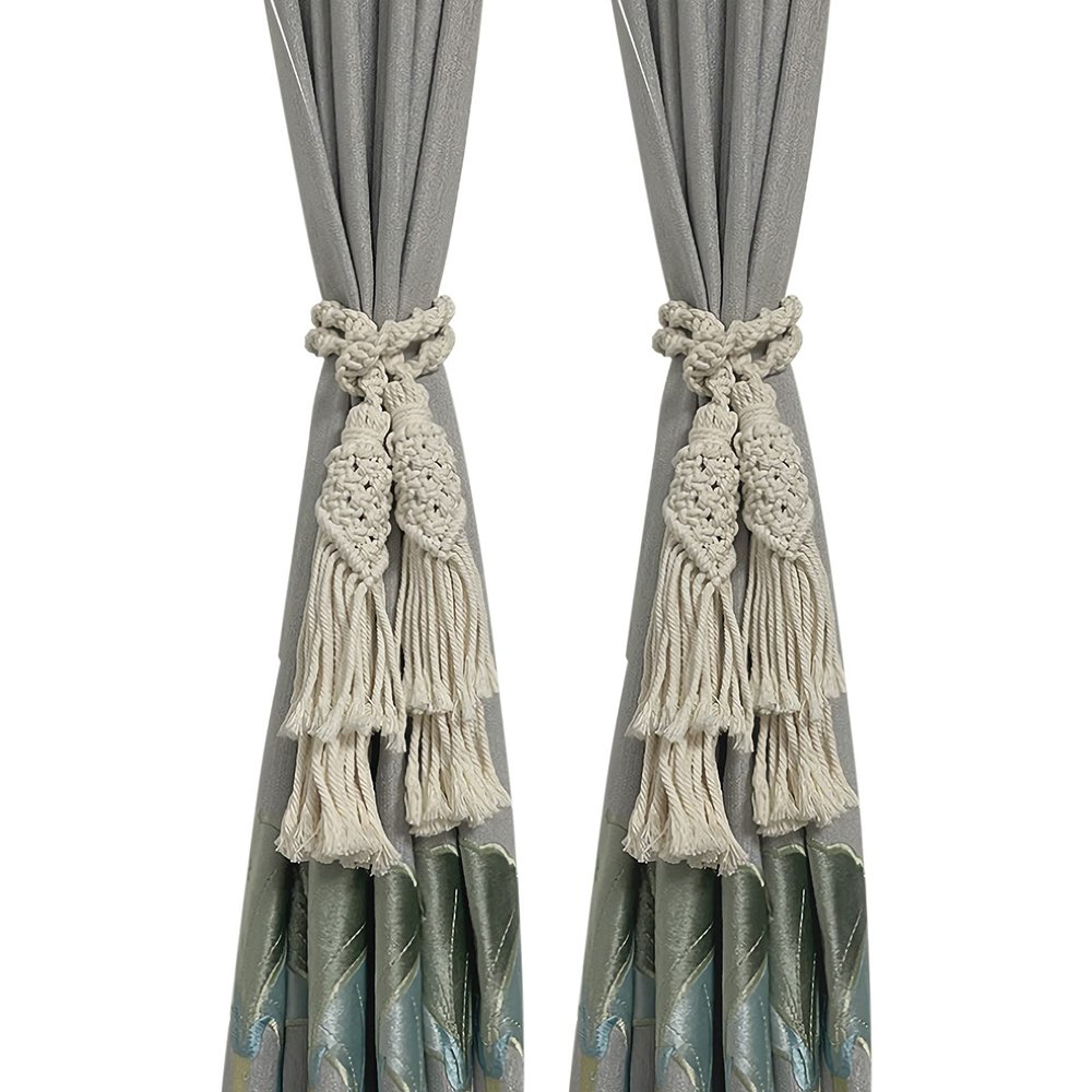 2Pcs Curtain Tiebacks Ropes Tassel Holdbacks Handmade Cotton Rope Window Curtain Buckle Clip Holder Boho Macrame Drapery Tie-Backs Ropes Decorative Rope Curtains Ties for Home Office Dorm Patio